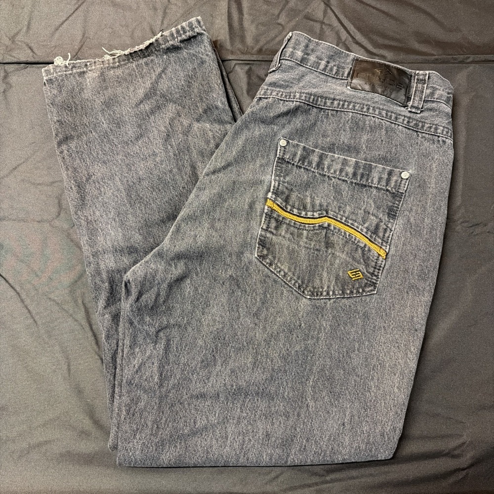 Vintage ENYCE Baggy Wide Leg Jeans Men's 42X32 Gray Wash Y2K Embroidered Hip Hop